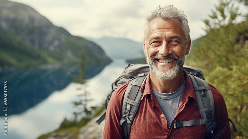 portrait of a middle aged man with backpack hiking in mountains