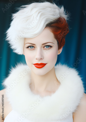 Beautiful girl dressed in elegant white soft fur with a trendy short hairstyle and perfect complexion. Retro vintage fashion vibe. Generative AI.