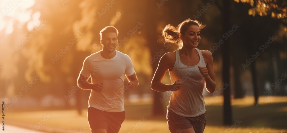 Running exercise fitness friends walking running talking together on fun race in city park panoramic banner background. Healthy active lifestyle, young people, digital ai