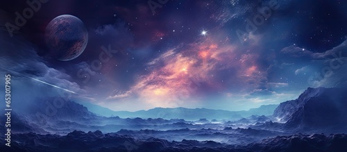 Cosmic environment with planet earth visible featuring stars and a purple sky