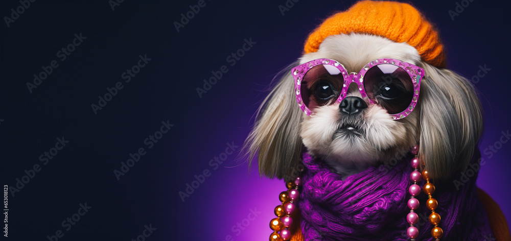 Portrait of an extravagantly dressed adorable Shih Tzu dog posing with a multitude of jewelry. Irresistible and goofy. Generative AI.