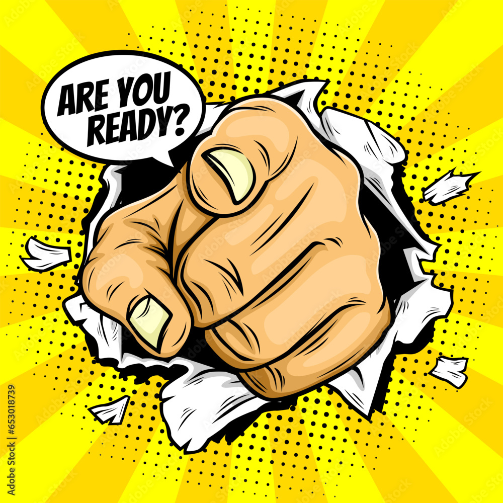 Hand pointing vector with are you ready text in comic cartoon style