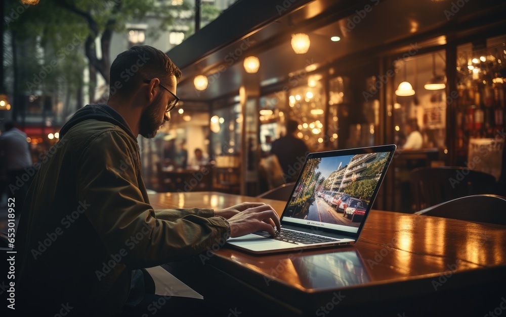 A designer in cafe is working on a laptop. Generative AI A designer in cafe is working on a laptop. Generative AI