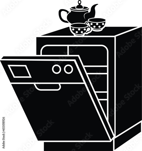 Cartoon Black and White Illustration Vector Of A Dishwasher Kitchen Appliance with Tea Set on Top