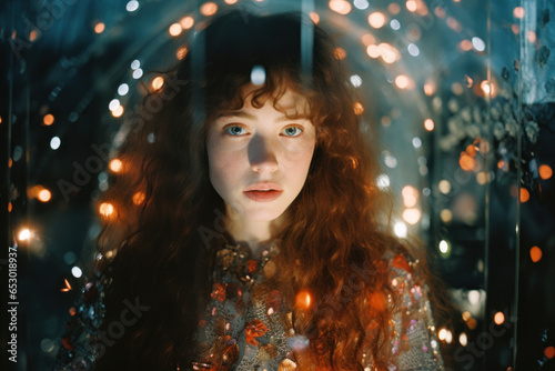a young white brunette woman/fairy/witch surrouded by magical glowing fairy light fantasy setting witchy spell halloween ethereal book cover/editorial magazine style film photography look