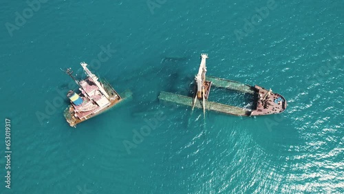 Wrecked cargo ship Manassa Rose, drone top view, Greece. High quality 4k footage photo