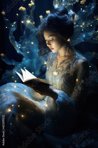 a young white woman/fairy/witch reading a magical book in glowing magical fairy light fantasy setting with dark blue background book cover/editorial advertisement magazine style film photography look