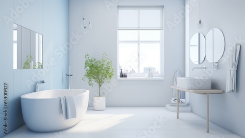 Interior of modern luxury scandi style bathroom with window and white walls. Free standing bathtub  countertop sink on wooden vanity  wall mirrors. Contemporary home design. 3D rendering.