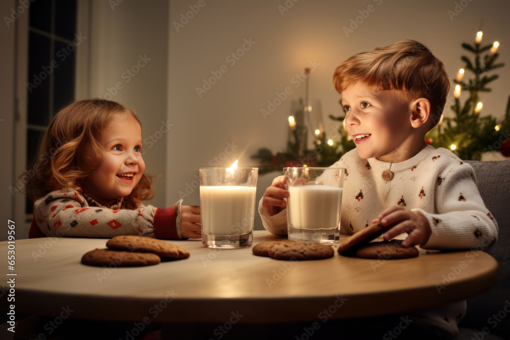 Children leaving a plate of freshly baked gingerbread cookies and a glass of milk for Santa on Christmas Eve. Generative Ai Children leaving a plate of freshly baked gingerbread cookies and a glass of milk for Santa on Christmas Eve. Generative Ai
