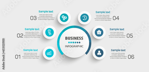 Business vector infographic design template with icons and 6 options or steps. Can be used for process diagram, presentations, workflow layout, banner, flow chart, info graph
