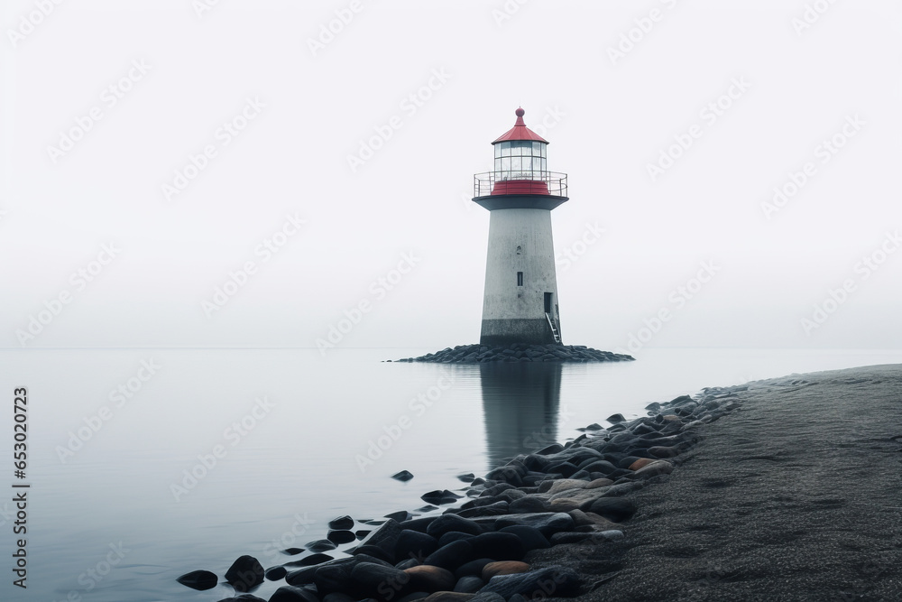 Lighthouse in Fog. Landscape of beautiful shore with lighthouse