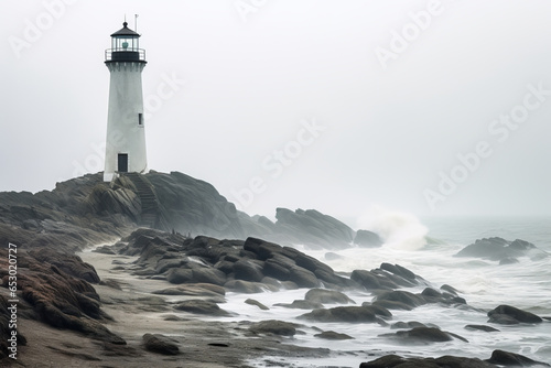 Lighthouse in Fog. Landscape of beautiful shore with lighthouse