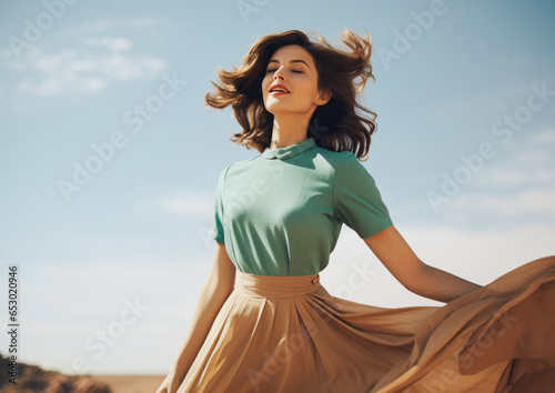 Beautiful brunette with closed eyes poses dressed in retro modest decent clothing. Sunny day, calm surreal atmosphere. Generative AI.