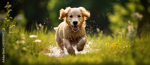 Golden Retriever happily plays in sprinkler water on summer day with green grass