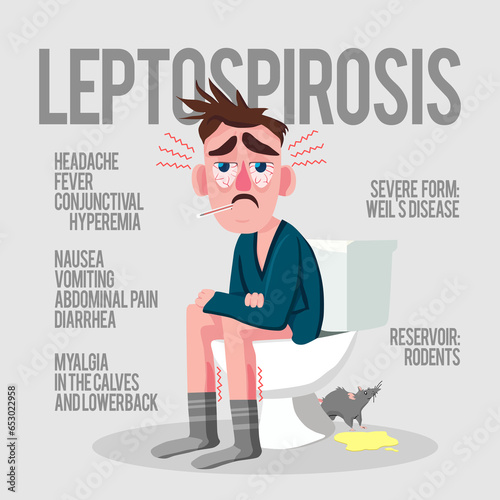 Man afflicted with Leptospirosis sitting on toilet having diarrhea and abdominal pain. photo