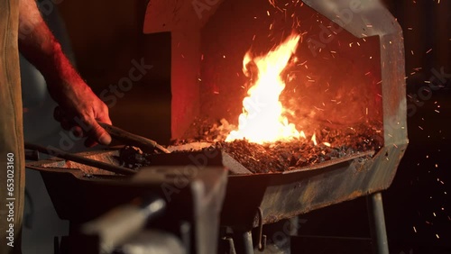 Fire in a Blacksmith's Furnace in a Blacksmith's Workshop Close-up, Slow Motion.