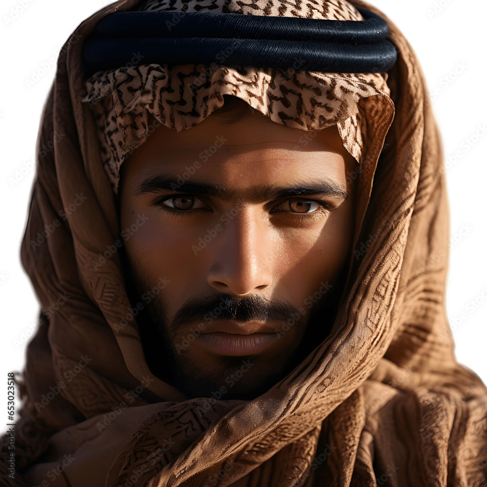 Arabian man wearing arab shemagh headscarf on transparent background - obrazy, fototapety, plakaty 