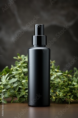 black container with a spray bottle on a dark background. strict, laconic packaging for men's cosmetics or perfumes. 