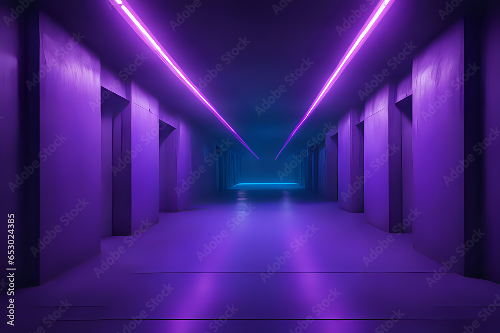 LED Lights Strips Neon Laser Purple Blue Parking Sci Fi Futuristic Alien Spaceship Concrete Stone Cement Purple Blue Glowing Corridor Tunnel Showroom Hangar Underground Hallway Basement