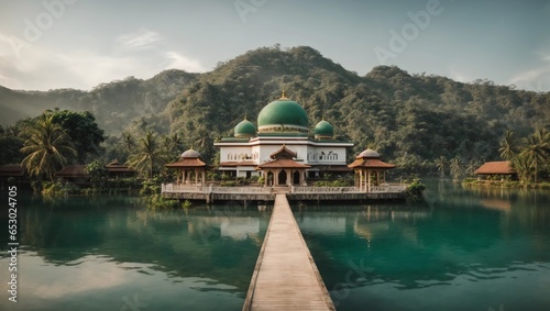 beautiful mosque with tropical lake and mountain panorama photo