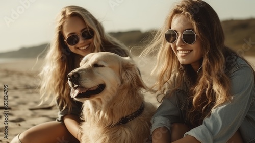 Pets love concept. Happy girls with dog on sea beach. Two girl at beach with dog © IC Production