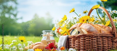Picnic with a variety of food items decorated with flowers