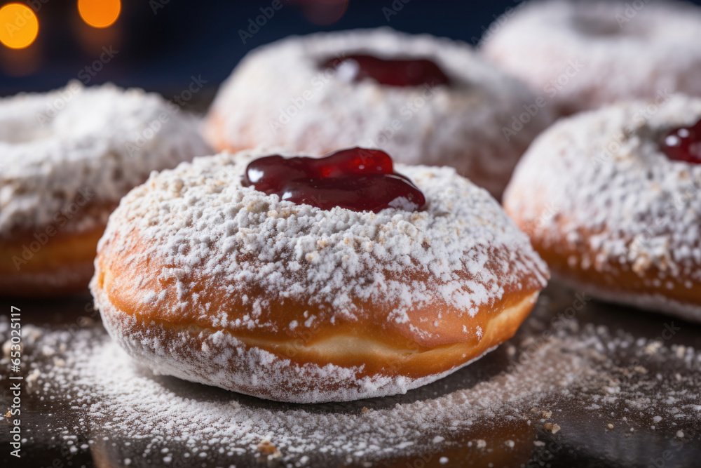A close-up of a tray of sufganiyot, a traditional Hanukkah treat, dusted with powdered sugar. The sufganiyot are filled with jelly and topped with a generous dusting of powdered sugar