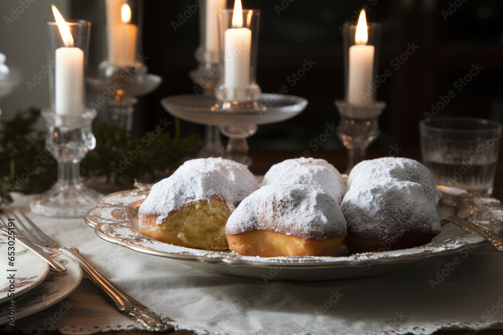 A mouth-watering close-up of sufganiyot, a popular Hanukkah treat that are filled with jelly and dusted with powdered sugar
