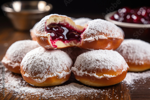 A close-up of sufganiyot, a traditional Hanukkah treat, dusted with powdered sugar. The sufganiyot are a popular Hanukkah treat that are filled with jelly and dusted with powdered sugar