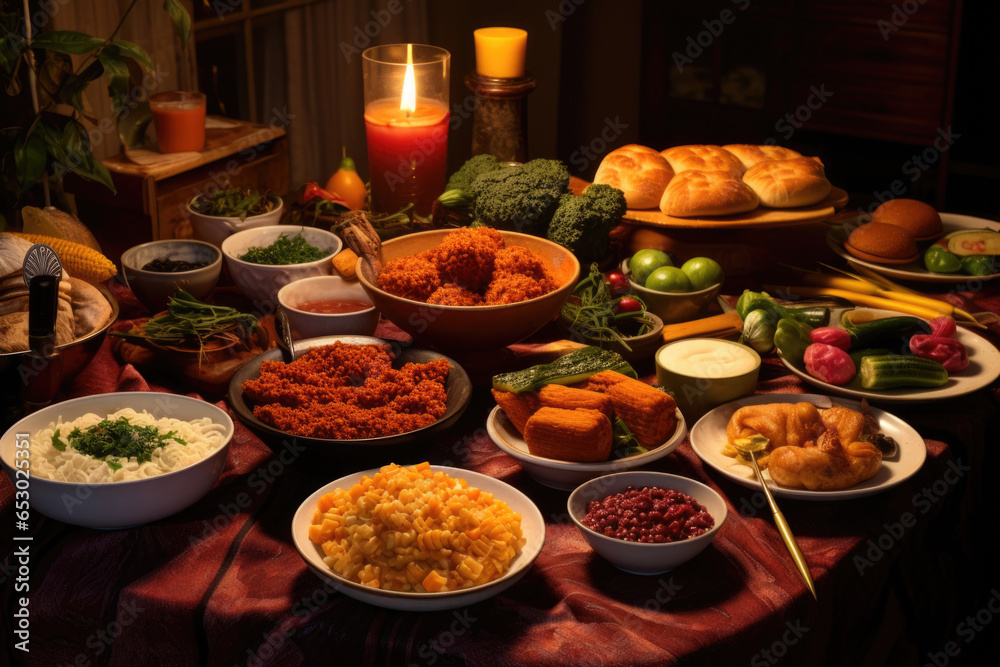A Kwanzaa feast table is filled with traditional dishes, symbolizing the importance of community and culture