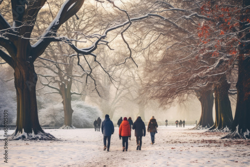 A group of people enjoy a winter walk in the park on Boxing Day, taking in the beauty of nature