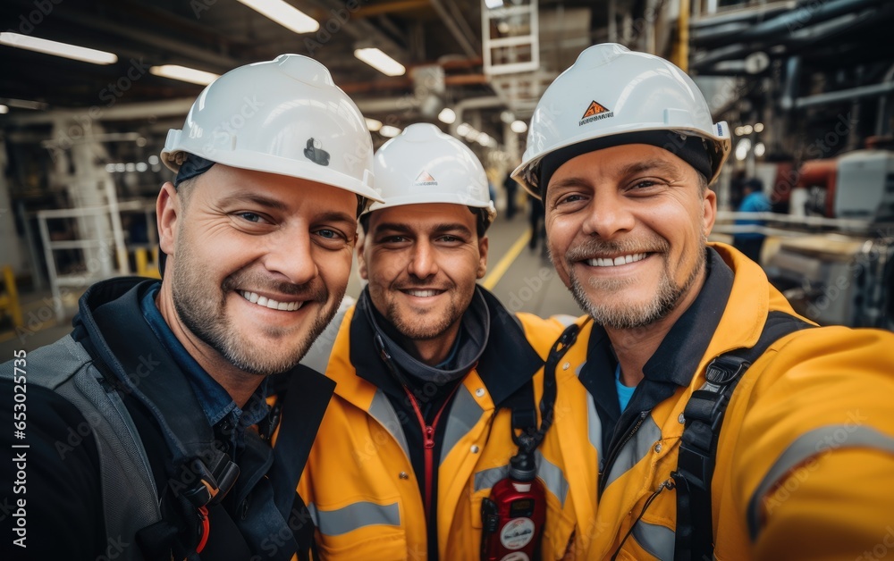 A group of petroleum engineers on offshore platform taking a selfie. Generative AI A group of petroleum engineers on offshore platform taking a selfie. Generative AI