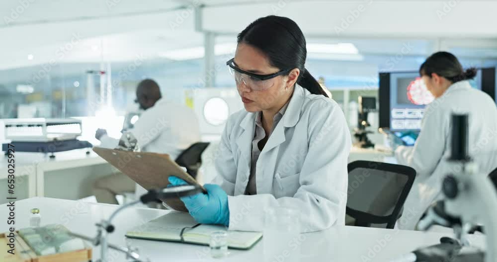 Lab, notes or scientist writing research for analysis on experiment or medical information. Notebook, woman or expert with clipboard for science development test results, innovation and report Lab, notes or scientist writing research for analysis on experiment or medical information. Notebook, woman or expert with clipboard for science development test results, innovation and report