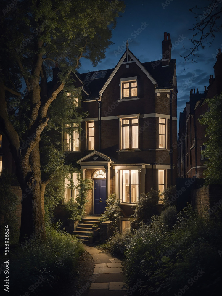 Portrait of an old house in London with trees at night - AI Generative Portrait of an old house in London with trees at night - AI Generative