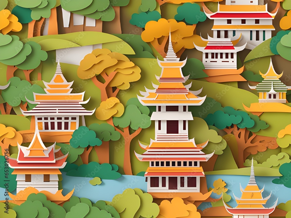asian traditional temple with trees , paper cut concept