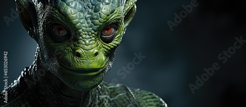 Alien creature resembling a reptilian human hybrid with a lizard like appearance from science fiction depicted as a chilling otherworldly being in dark artwork photo