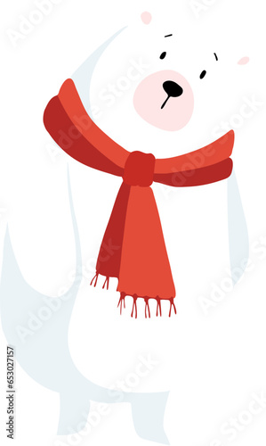 ute wild animal. Hand drawn white polar bear wearing red scarf. Isolated vector illustration in flat style for winter greeting card, invitation. North Pole, wild arctic animal icon. Zoo design element