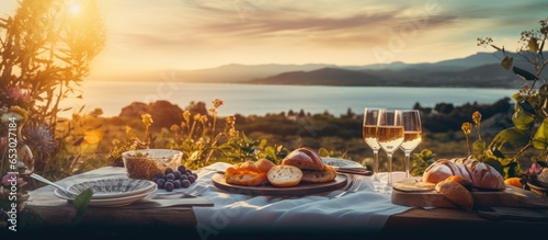 Romantic eco style picnic at sunset with seaside and mountain view featuring fruits cheese croissants and wine