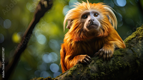 An Golden lion tamarin sitting on a tree in one of the few remaining patches of Atlantic rainforest 