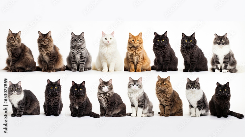 Collection of purebred cats isolated on white