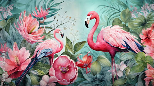 llustration of tropical wallpaper design with exotic leaves and flowers. Hummingbird and flamingos. Paper texture background. Seamless texture.