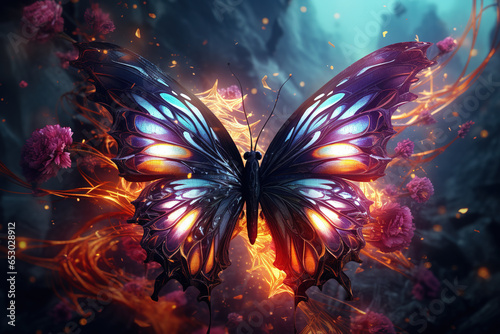 Image of abstract fantasy of butterfly lightning. Insect, Illustration, Generative AI. © yod67