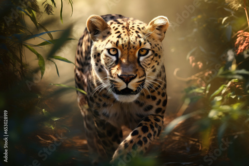 Image of a leopard in the forest. Wildlife Animals. Illustration  Generative AI.