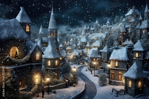 Cute Christmas village with snow-covered roofs and streets
