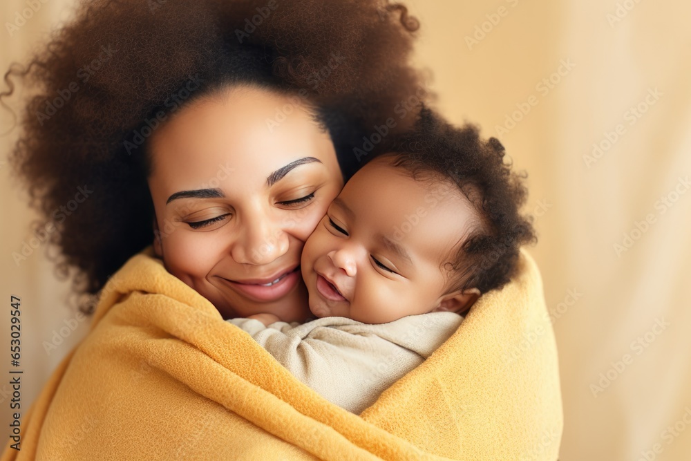 A young beautiful loving mother hugs her cute little child, wrapped in a blanket. Mother expresses love to little child A young beautiful loving mother hugs her cute little child, wrapped in a blanket. Mother expresses love to little child