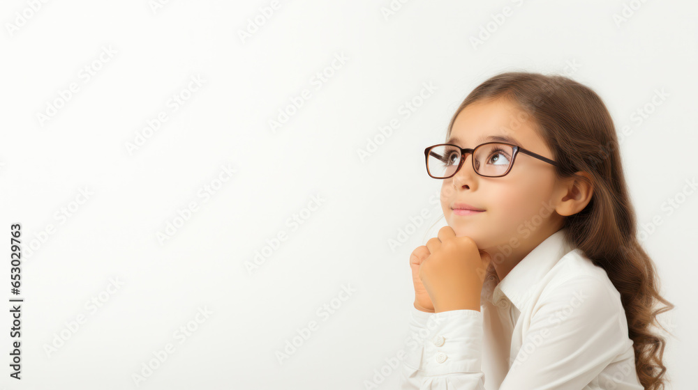Portrait of a Young Girl With Glasses, Dreaming, Thinking, Smart Kid, Copy Space, White Background. Generative AI Portrait of a Young Girl With Glasses, Dreaming, Thinking, Smart Kid, Copy Space, White Background. Generative AI