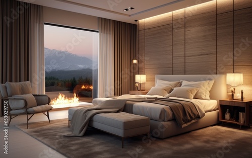 Modern style interior of a bedroom with fireplace. 
