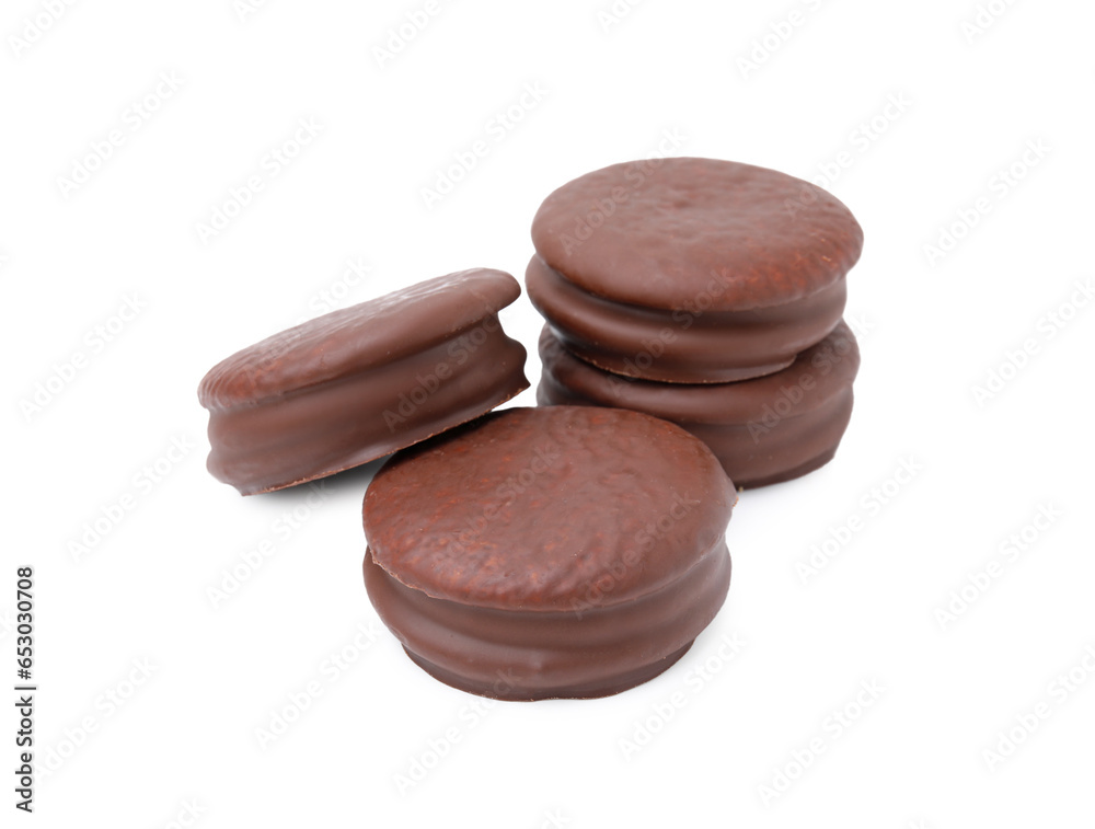 Many tasty choco pies isolated on white