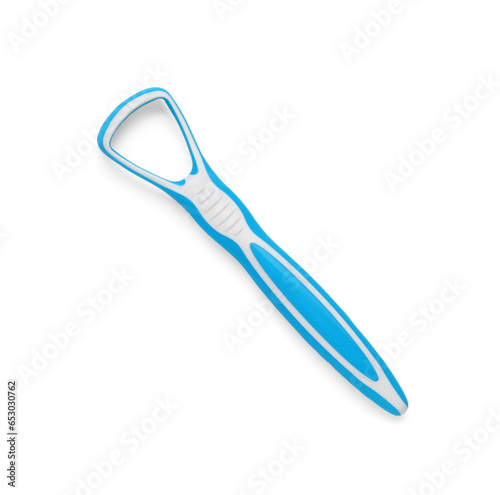 One light blue tongue cleaner isolated on white, top view. Dental care