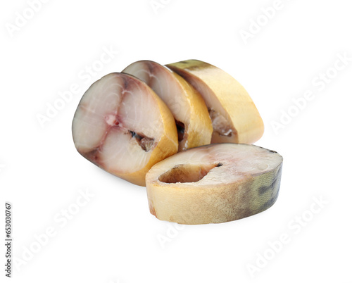 Slices of tasty smoked mackerel on white background